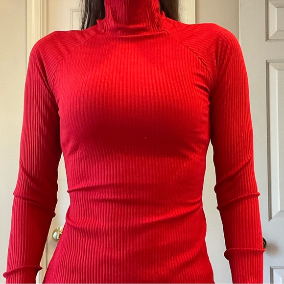 Enza Costa Viscose Rib Twist Back, Long Sleeve Red Midi Cocktail Dress, Sz S - Picture 11 of 14